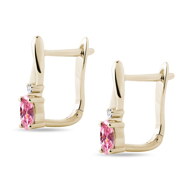 BOUCLES D'OREILLES EN OR JAUNE AVEC SAPHIRS ROSES ET DIAMANTS - BOUCLES D'OREILLES EN SAPHIR - 