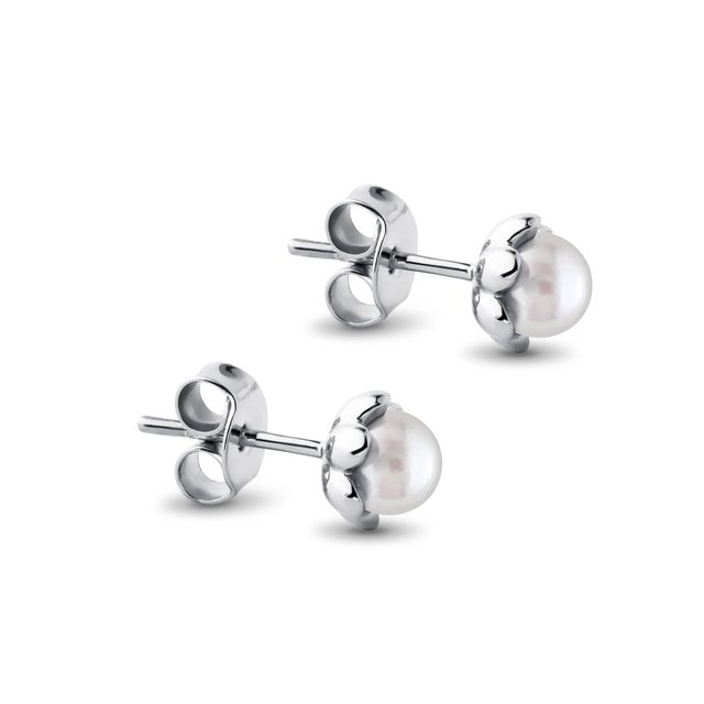 PEARL FLOWER STUD EARRINGS IN WHITE GOLD - PEARL EARRINGS - 