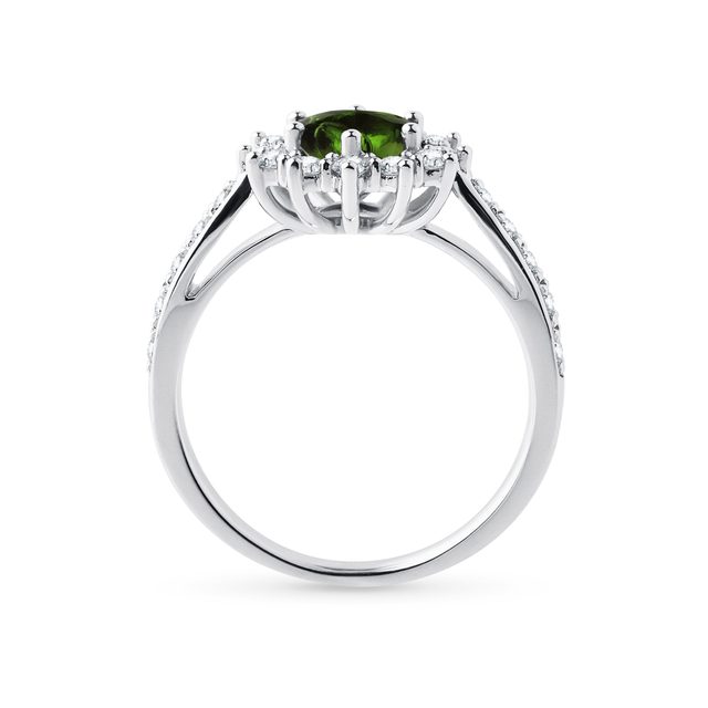 ROUND MOLDAVITE AND HALO DIAMOND WHITE GOLD RING - MOLDAVITE RINGS - 
