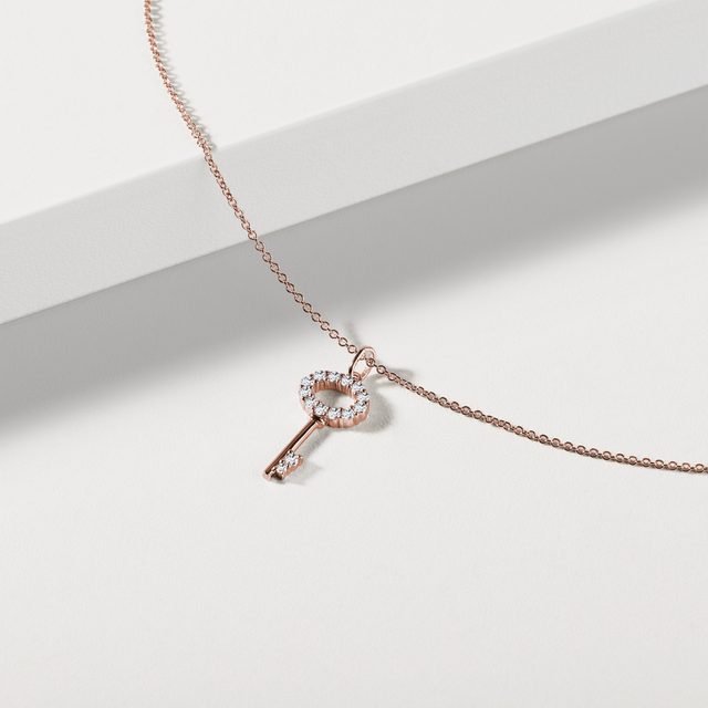 ROSE GOLD KEY PENDANT WITH DIAMONDS - DIAMOND NECKLACES - 