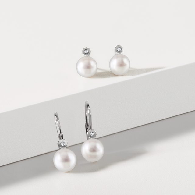 PEARL AND BEZEL CUT DIAMOND EARRINGS IN WHITE GOLD - PEARL EARRINGS - 