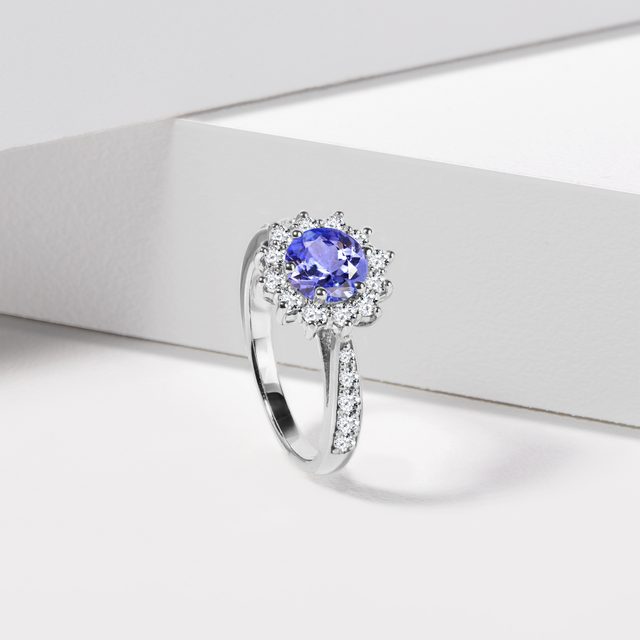ROUND TANZANITE AND HALO DIAMOND WHITE GOLD RING - TANZANITE RINGS - 