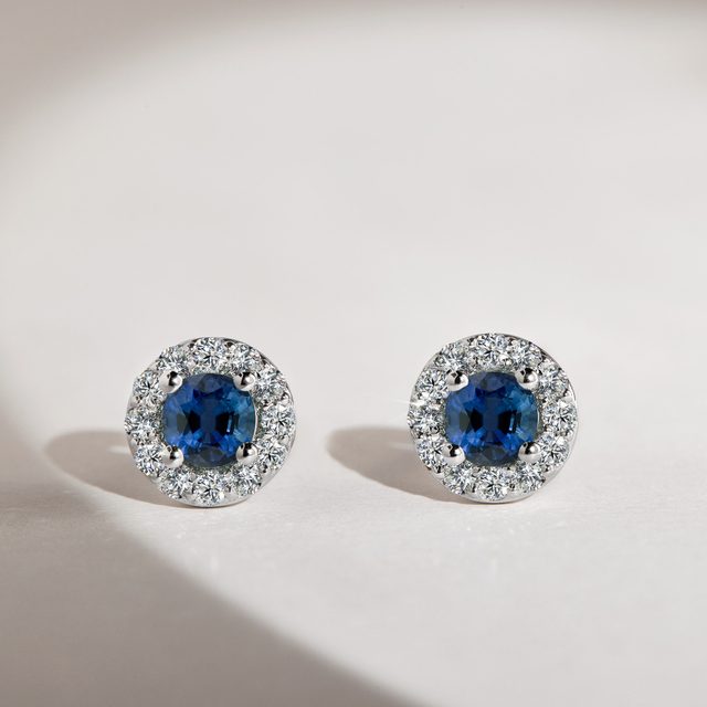 SAPPHIRE AND DIAMOND HALO EARRINGS IN WHITE GOLD - SAPPHIRE EARRINGS - 