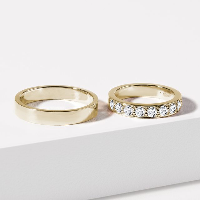 SADA DIAMANTOVÉHO A HLADKÉHO PRSTENU VE ZLATĚ - SNUBNÍ SADY ZE ŽLUTÉHO ZLATA - 