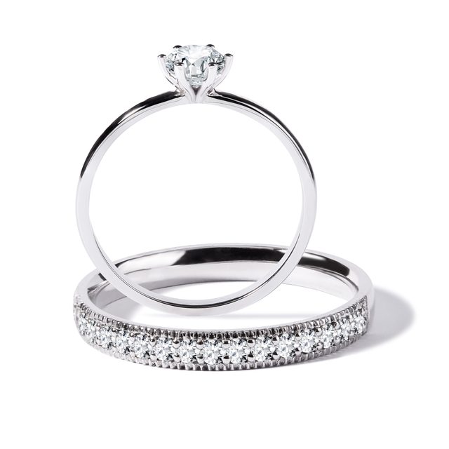 JEU D'ANNEAUX DE MARIAGE EN OR BLANC AVEC DIAMANTS - BAGUE DE FIANÇAILLES ET ALLIANCE ASSORTIES - 