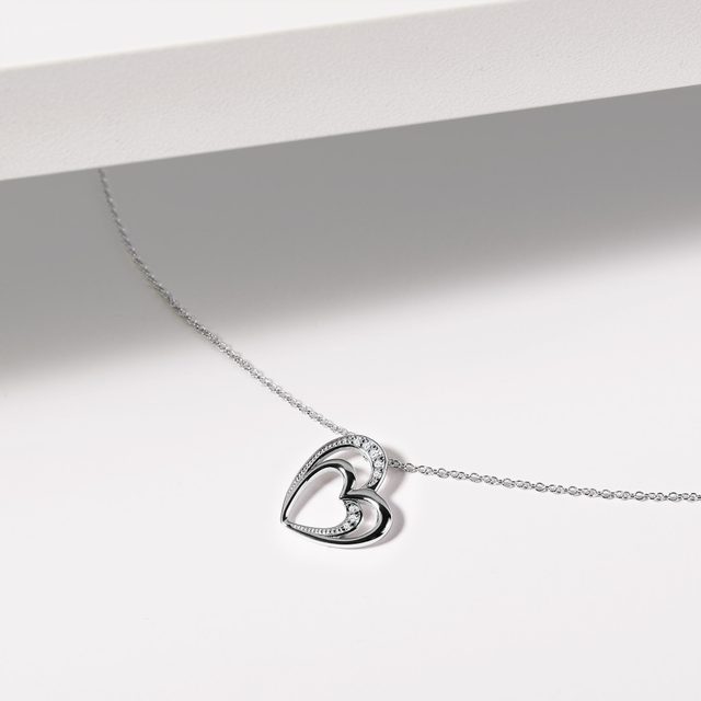 DIAMOND DOUBLE HEART NECKLACE IN WHITE GOLD - DIAMOND NECKLACES - 