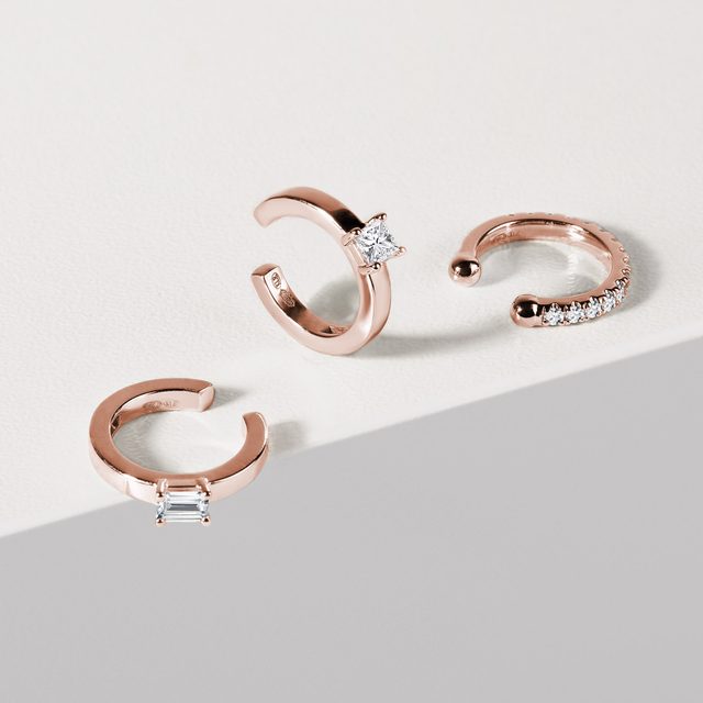 BAGUE D'OREILLE EARCUFF EN OR ROSE ET DIAMANT BAGUETTE - BOUCLES D'OREILLES SOLITAIRES - 