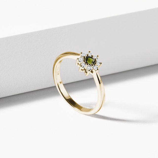 BLUMENRING MIT MOLDAVIT UND DIAMANTEN IN GELBGOLD - RINGE MOLDAVIT - 