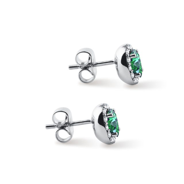 OVAL EMERALD AND DIAMOND WHITE GOLD HALO STUD EARRINGS - EMERALD EARRINGS - 