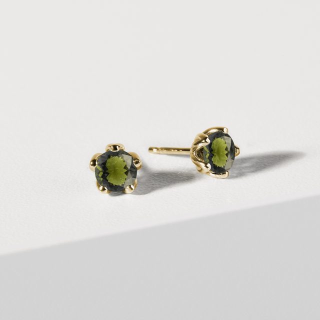 PUCES D'OREILLES D'OR BLANC SERTIES DE MOLDAVITES - BOUCLES D'OREILLES EN MOLDAVITE - 