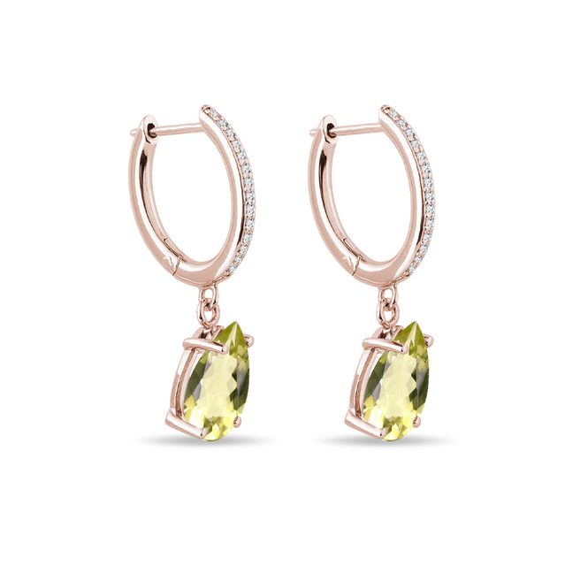 BOUCLES D'OREILLES D'OR ROSE AVEC BRILLANTS ET QUARTZ CITRON - BOUCLES D'OREILLES AVEC GEMMES - 