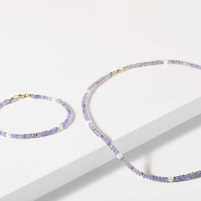 BRACELET EN OR JAUNE AVEC TANZANITES ET PERLES - BRACELETS AVEC MINÉRAUX - 