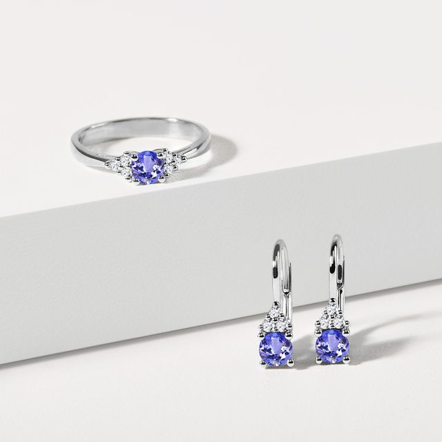 WHITE GOLD TANZANITE AND DIAMOND DROP EARRINGS - TANZANITE EARRINGS - 