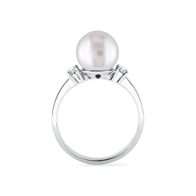 PEARL AND DIAMOND RING IN WHITE GOLD - PEARL RINGS - 