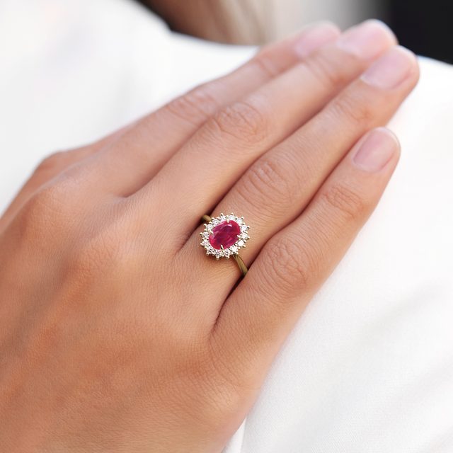 ROUND RUBY AND HALO DIAMOND GOLD RING - RUBY ENGAGEMENT RINGS - 