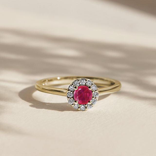 RUBY AND DIAMOND HALO RING IN YELLOW GOLD - RUBY ENGAGEMENT RINGS - 