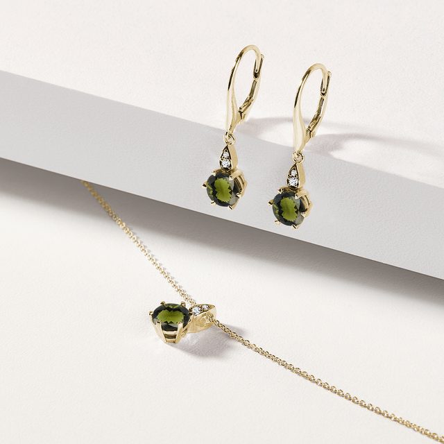 MOLDAVITE AND DIAMOND GOLD EARRING AND NECKLACE SET - GEMSTONE SETS - 