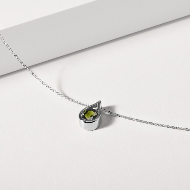 HALSKETTE MIT MOLDAVITANHÄNGER IN WEISSGOLD - KETTEN MIT MOLDAVIT - 
