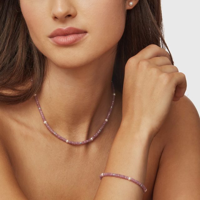 PINK SAPPHIRE BRACELET WITH PEARLS IN WHITE GOLD - MINERAL BRACELETS - 