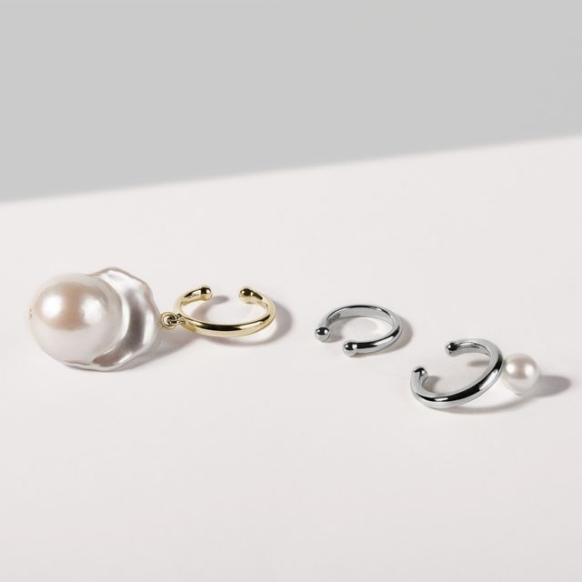 WHITE GOLD HUGGIE SINGLE EAR CUFF WITH FRESHWATER PEARL - PEARL EARRINGS - 