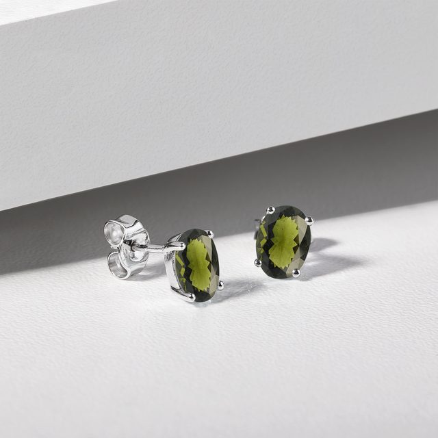 MOLDAVITE JEWELRY SET MADE OF 14K WHITE GOLD - GEMSTONE SETS - 