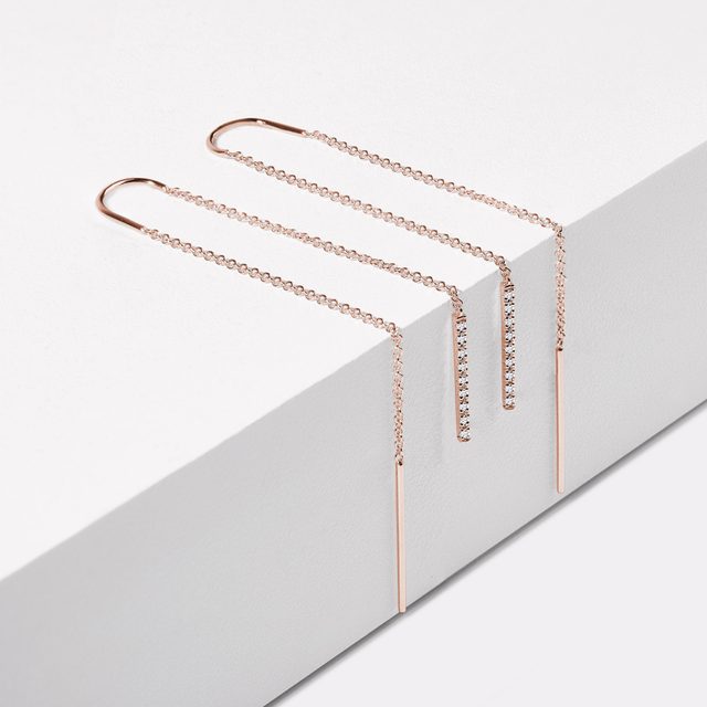 BOUCLES D'OREILLES CHAÎNETTE EN OR ROSE AVEC BARRETTE DE DIAMANTSS - BOUCLES D'OREILLES EN DIAMANT - 