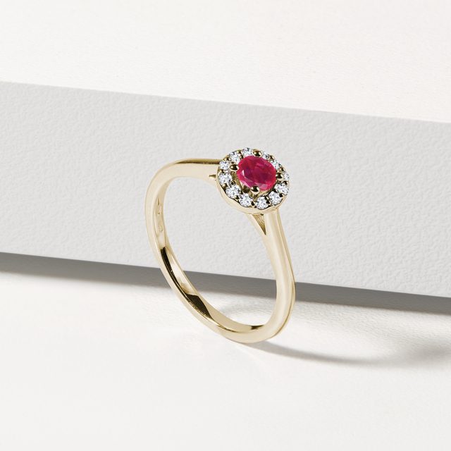 RUBY AND DIAMOND HALO RING IN YELLOW GOLD - RUBY ENGAGEMENT RINGS - 