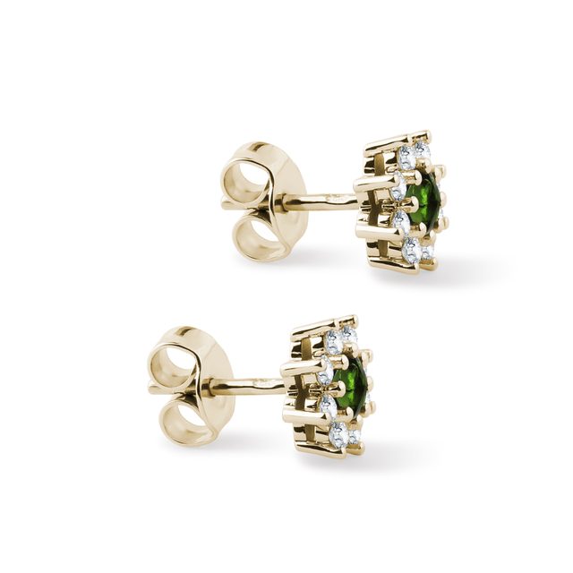 BOUCLES D'OREILLES FLEUR EN OR JAUNE, MOLDAVITES ET DIAMANTS - BOUCLES D'OREILLES EN MOLDAVITE - 