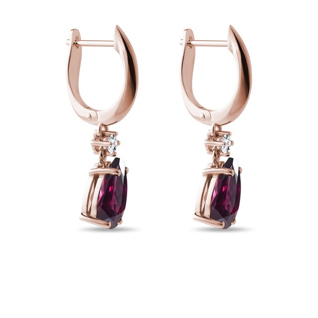 BOUCLES D'OREILLES EN OR ROSE AVEC DIAMANTS ET RHODOLITES - BOUCLES D'OREILLES AVEC GEMMES - 
