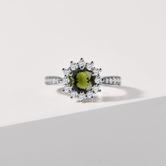 ROUND MOLDAVITE AND HALO DIAMOND WHITE GOLD RING - MOLDAVITE RINGS - 