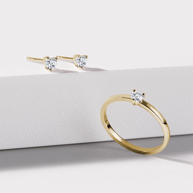 DIAMOND HEART YELLOW GOLD EARRINGS - DIAMOND STUD EARRINGS - 
