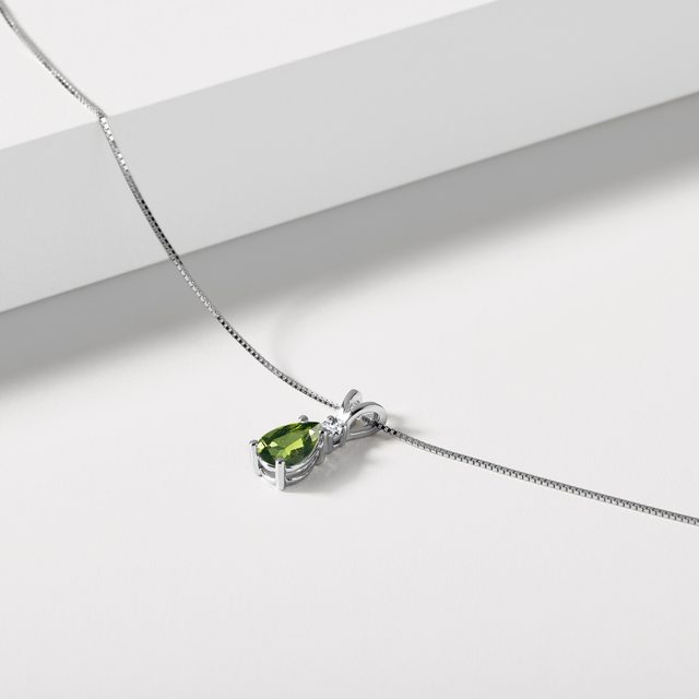 MOLDAVITE AND DIAMOND PENDANT ON WHITE GOLD CHAIN - MOLDAVITE NECKLACES - 