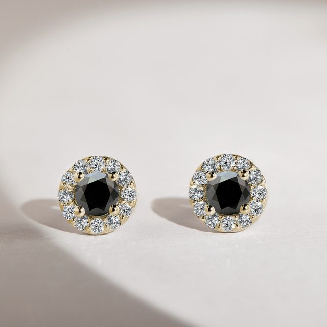 BLACK AND WHITE DIAMOND HALO EARRINGS IN YELLOW GOLD - DIAMOND STUD EARRINGS - 