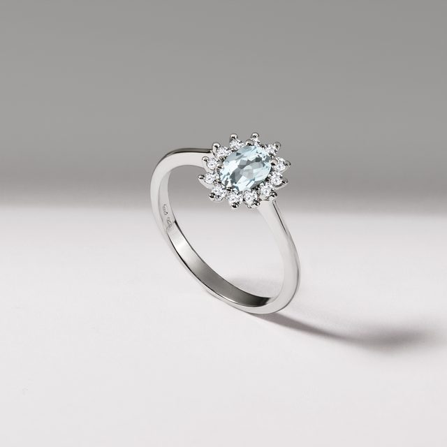AKVAMARÍNOVÝ PRSTEŇ Z BIELEHO ZLATA S BRILIANTMI - PRSTENE AKVAMARÍN - 