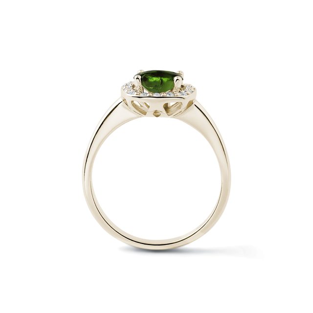 PIERŚCIONEK ZARĘCZYNOWY Z MOŁDAWITEM I DIAMENTAMI W ŻÓŁTYM ZŁOCIE - PIERŚCIONKI Z MOŁDAWITAMI - 