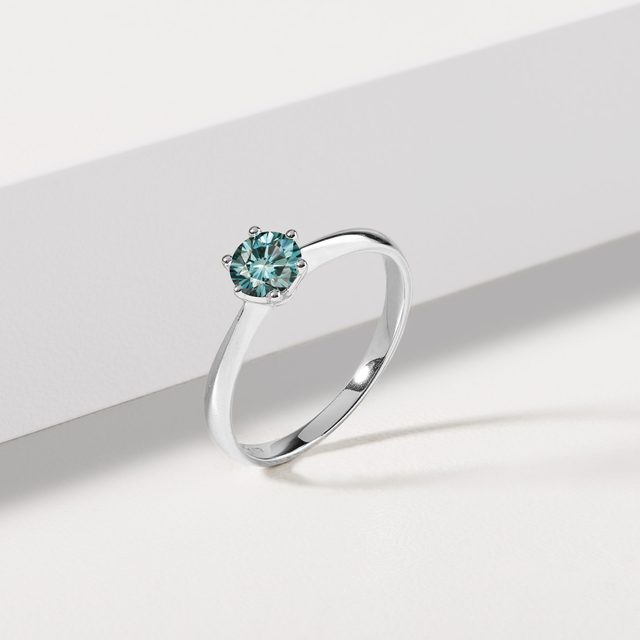 BAGUE EN OR BLANC AVEC DIAMANT BLEU FONDATION APPARENTE - BAGUES DE FIANÇAILLES AVEC DIAMANTS DE COULEUR - 