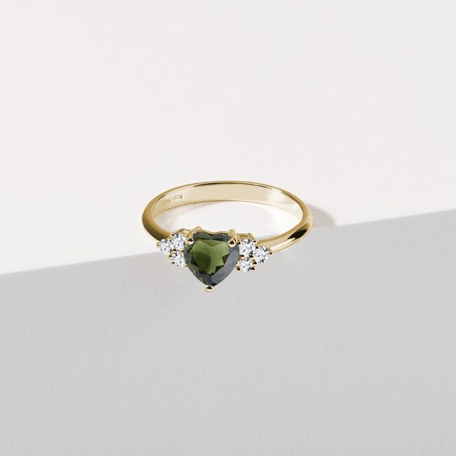 RING IN YELLOW GOLD WITH MOLDAVITE AND DIAMONDS - MOLDAVITE RINGS - 