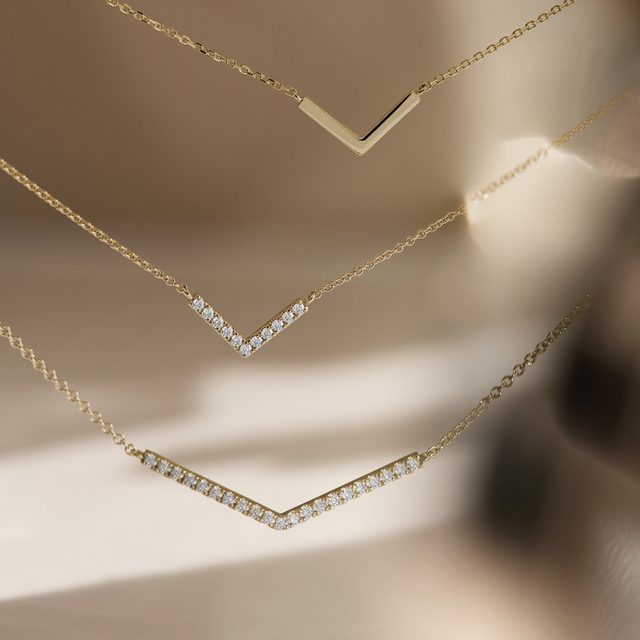 YELLOW GOLD CHAIN WITH A PAVE DIAMOND V PENDANT - DIAMOND NECKLACES - 