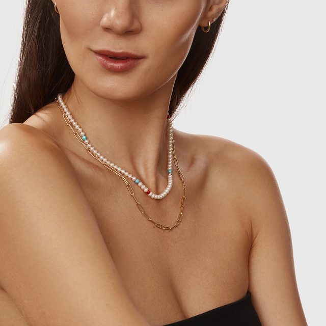 COLLIER DE PERLES EN OR JAUNE AVEC TURQUOISE ET CORAIL - COLLIERS DE PERLES - 