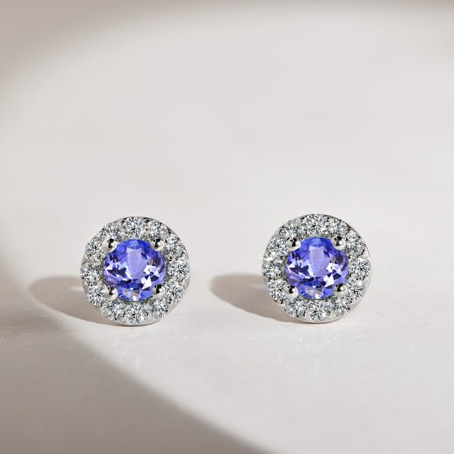 BOUCLES D'OREILLES HALO EN OR BLANC AVEC TANZANITES ET DIAMANTS - BOUCLES D’OREILLES EN TANZANITE - 