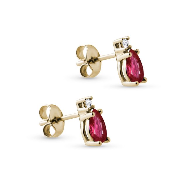 RUBY AND DIAMOND YELLOW GOLD PEAR EARRINGS - RUBY EARRINGS - 