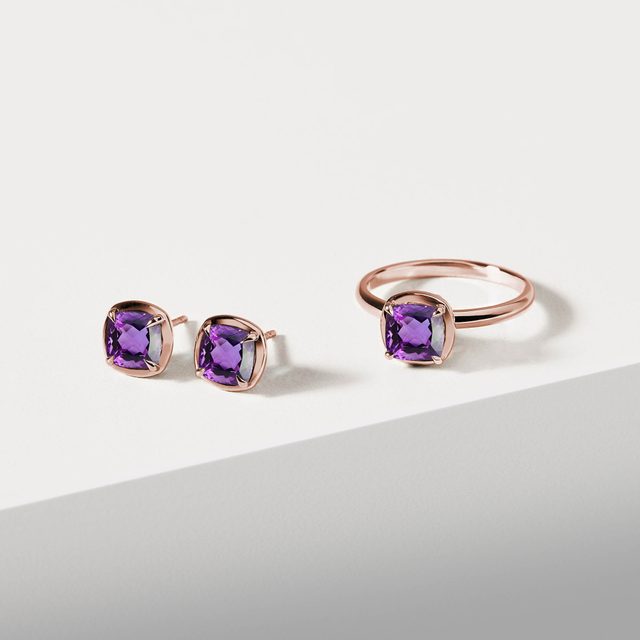 PIERŚCIONEK Z RÓŻOWEGO ZŁOTA Z AMETYSTEM - PIERŚCIONKI Z AMETYSTAMI - 