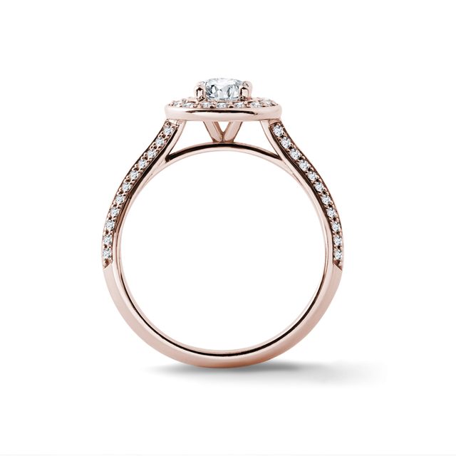 BAGUE HALO EN OR ROSE ET PAVAGE DE DIAMANTS - BAGUES DE FIANÇAILLES EN DIAMANT - 
