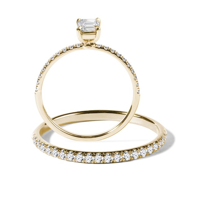 KIT BAGUES DE LA MARIÉE EN OR JAUNE AVEC DIAMANTS - BAGUE DE FIANÇAILLES ET ALLIANCE ASSORTIES - 