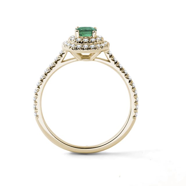 BAGUE EN OR AVEC DOUBLE HALO DE DIAMANTS ET ÉMERAUDE - BAGUES EN ÉMERAUDE - 
