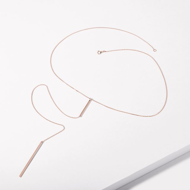 ROSE GOLD CHAIN NECKLACE WITH VERTICAL HANGING BARS - ROSE GOLD NECKLACES - 