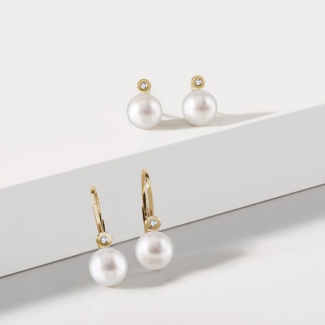 PEARL AND BEZEL CUT DIAMOND EARRINGS IN GOLD - PEARL EARRINGS - 