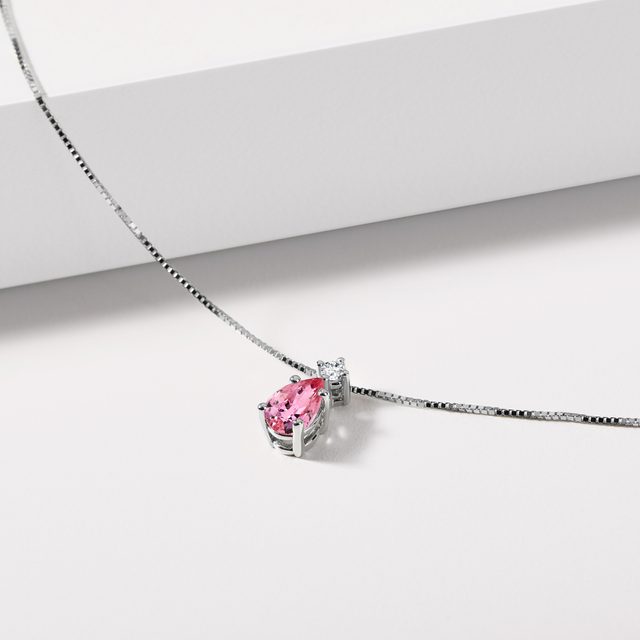PINK SAPPHIRE PEAR NECKLACE IN WHITE GOLD - SAPPHIRE NECKLACES - 