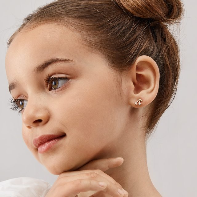 BOUCLES D'OREILLES CERISES EN OR ROSE 14CT - BOUCLES D'OREILLES EN DIAMANT - 