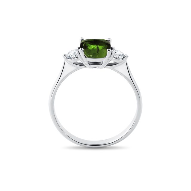 BAGUE EN OR BLANC, MOLDAVITE TAILLE COUSSIN - BAGUES EN MOLDAVITE - 